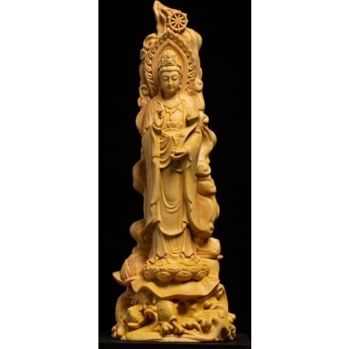 19CM Ruyi Guanyin Buddha Statue Flower Light Buddhism Solid Wood Folk Handcarved Crafts Wood Gift
