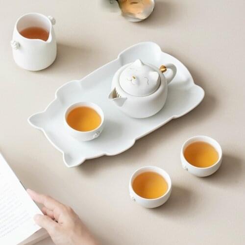 Modern Flower Tea Set White Ceramic Porcelain Office Tea Set Kung Fu Lucky Cat Cute Cup Jogo De Xicaras Teaware With Tray EF60CJ