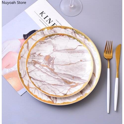 Light Luxury Nordic Gold Rim Marbled Ceramic Plate Western Plate Steak Plate Fruit Plate Household 8 Inch 10 Inch Round Tray