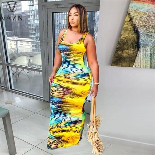 VAZN 2021 Plus Size Vintage Floral Chic Ladies Casual Shinny Night Party Shinny Slim Maxi Dress Sleeveless Strapless Dress