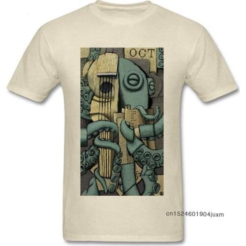 Vintage Octopus Tshirt Man Georges Braque T-shirt Artist Designer T Shirt Guitar Lover Monster Tops Mens Beige Tees Cotton