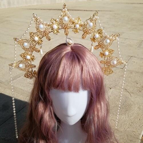 Handmade Vintage Lolita Goddess Virgin Mary Halo Head Crown Gorgeous Pearl Chian Headwear Cosplay Baroque Tiara Hair Hoop Props