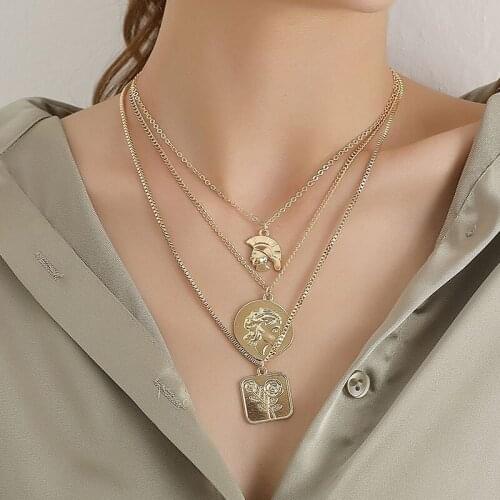 Vintage Multilayer Indian Figure Rose Flower Pendant Necklace Women Temperament Geometric Chains Necklace Party Jewelry Kolye