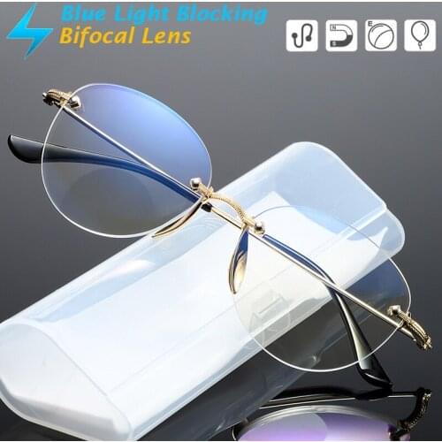 Vintage Blue Light Blocking Rimless Bifocal Reading Glasses with cases