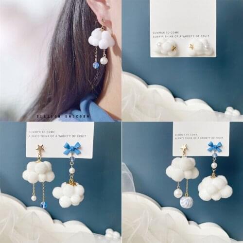 634D Handmade Clouds Dangle Drop Earrings for Women Girls Simple Lovely White Pom Pom Weather Earrings Jewelry