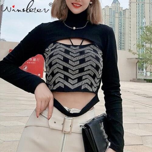 Spring Fall Korean Clothes T-Shirt Girl Fashion Sexy Turtleneck Hollow Out Diamonds Pullover Cotton Women Tops Tees New T11407A