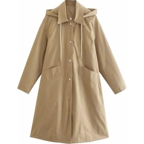 2021 Spring Autumn Womans Vintage Casual Solid Coat Hooded Pocket Hign Quality Windbreaker Long Design Ladies Jacket Coats