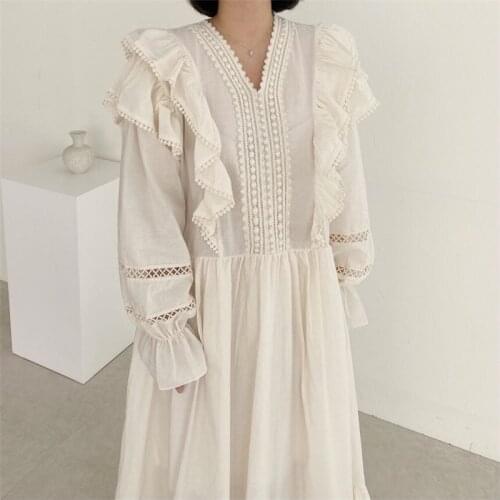 2021 new spring v-neck ruffles simple solid elegant long dress termperament all-match streetwear vintage sweet solid long dress