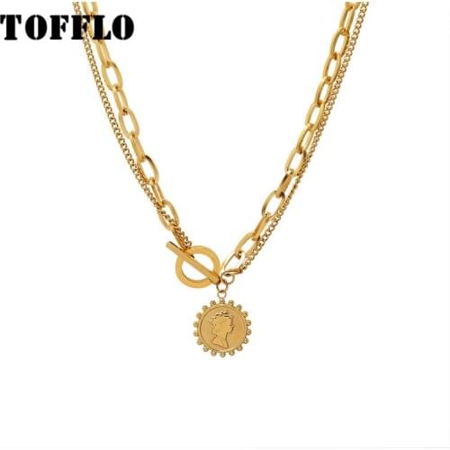 TOFFLO Stainless Steel Jewelry Queen Wave Edge Double-Layer OT Buckle Womens Fashion Double-Layer Stacked Necklace BSP968