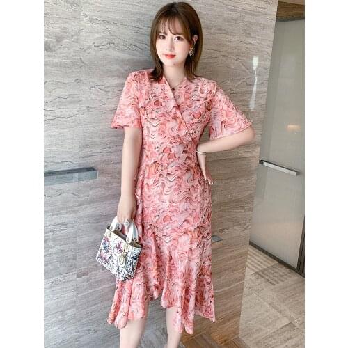 High quality Fold lapel V-neck Belt stitched Ruffle print dress for women 2021 summer new pattern