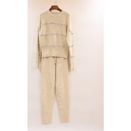 Winter cashemre sequined beading woolen sweater + warm cashmere pants two pieces woolen suits ladies casual sets F100