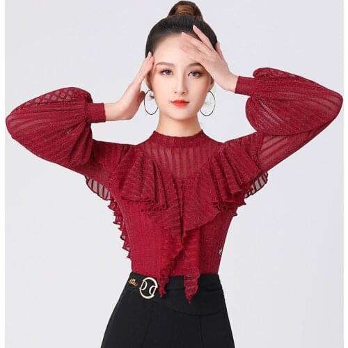 2021 Ladies Latin Dance Costumes Puff Sleeve Red Turtleneck Ruffle Top One Piece Female Latin Modern Dance Practice Dress DN7593