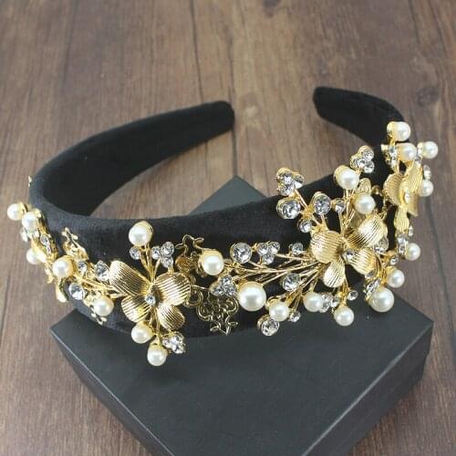 Baroque exquisite luxury velvet gold butterfly crystal pearl personality rhinestone headband dance travel hair accessories