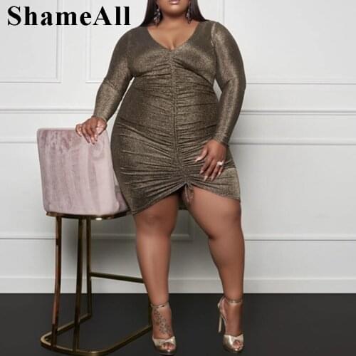 Plus Size Front Drawstring Shiny Party Club Banadge Mini Dresses 4XL High Waist Ladies Bodycon Long Sleeve Sexy Sequins Dress