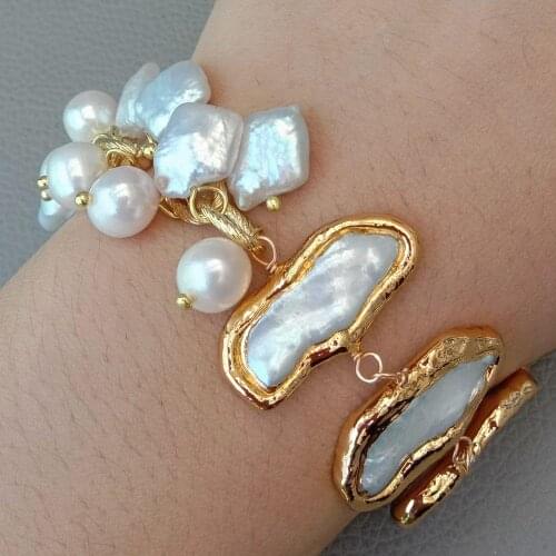 YYGEM 8'' Natural Freshwater White Biwa Keshi Pearl pave Potato Pearl gold plated Chain wrap Bracelet