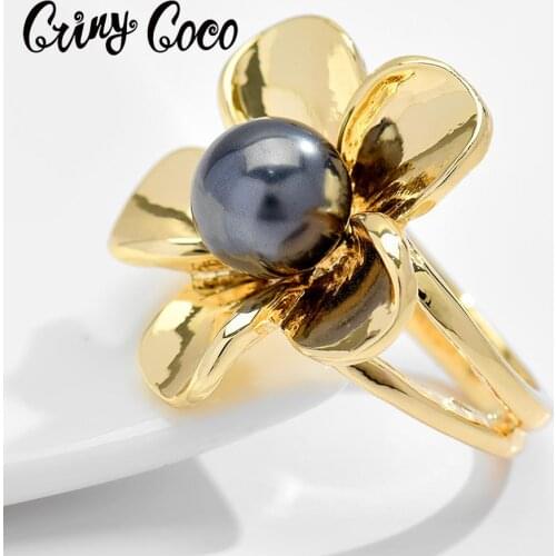 Cring Coco Trendy Plumeria Flower Ring for Women Party Wedding Gold Plated Size 6 8 11 Pearl Rings 2020 Accessories Valentines