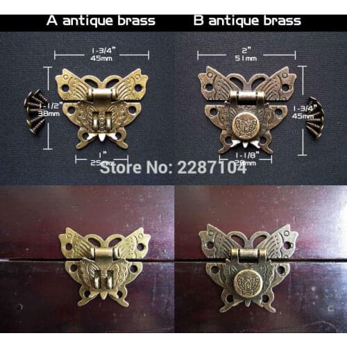 Decor Antique Brass Vintage Jewelry Chest Wooden Gift Box Case furniture Leather Bag Hasp Latch Toggle Lock Clasp Butterfly