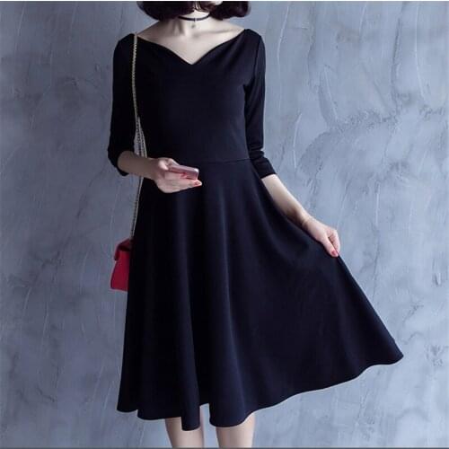 Elegant A-line Women Dress Fashion Office Lady Slash Neck Ladies Black Dress Elegant Casual High Waist Slim Knee Length Dresses