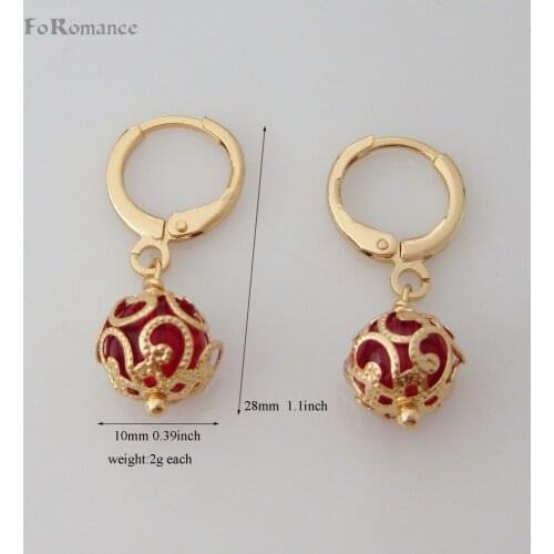 Foromance - YELLOW GOLD OVERLAY GP DANGLE 1.1" WITH RED / WHITE/ BLACK BALL DIA 0.39" 10MM DANGLE EARRING