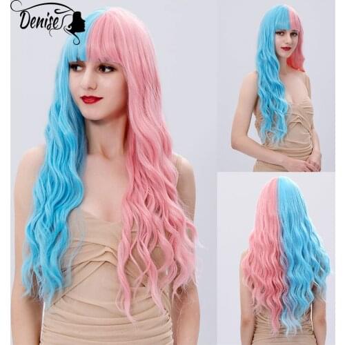 Cosplay Long Wave Half Blue Pink Hair Synthetic Wig For White Women With Bangs Natural Daily Heat Resistant Female Fiber Wigs