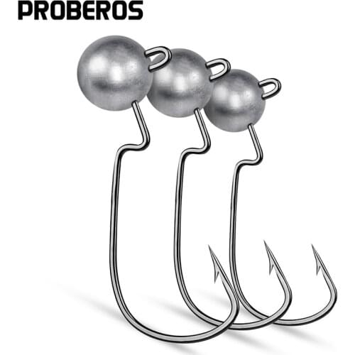 PROBEROS 50Pcs Wide Crank Offset Fishing Hooks 3.5-5-7-10g High-Carbon Steel Fishhooks Jig Head Barbed Hooks for Soft Worm Bait