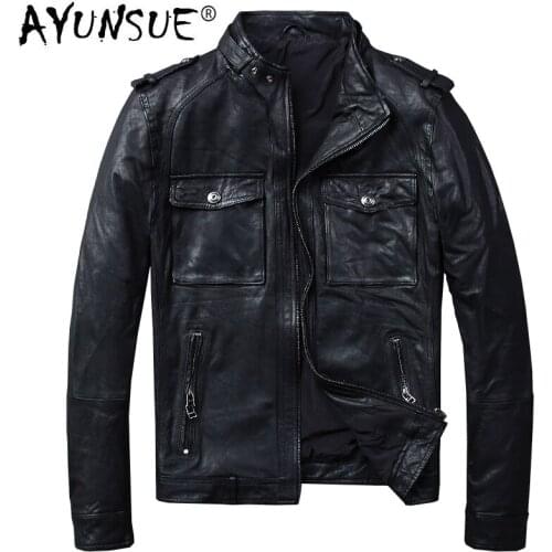 AYUNSUE Genuine Leather Jacket Men Casual Real Sheepskin Coat Motorcycle Jacket Man Bomber Chaqueta Cuero Hombre 9816 KJ1928