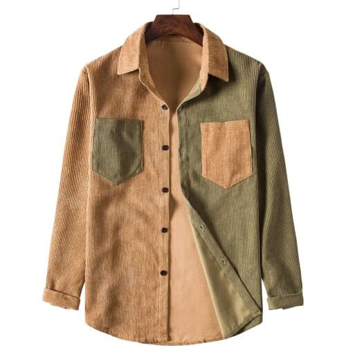 Mens Patchwork & Double Pocket Casual Loose Long Sleeve Shirts 2021 Fashion Men Corduroy Contrast Panel Button Up Shirts