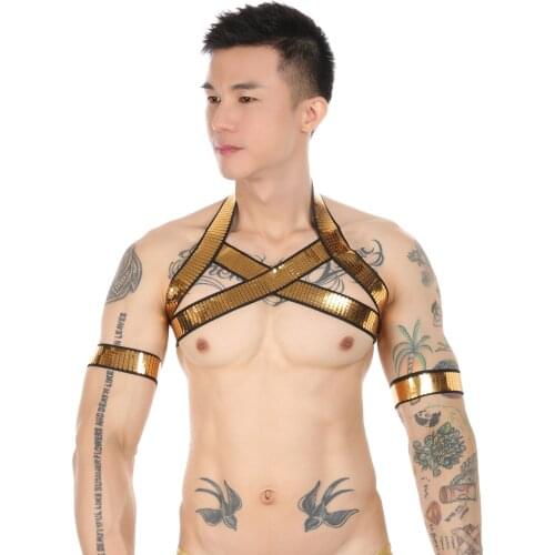 Male Lingerie Golden Harness Men Gay Clothing Tank Top Sexual Body Chest Harness Belt Strap Punk Rave Costumes for Sex