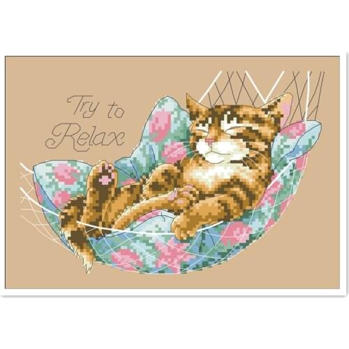 Try to Relax cross stitch package animal cat sleep 18ct 14ct 11ct flaxen linen cotton thread embroidery DIY handmade needlework