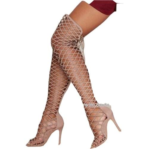 Newest Arrival Summer Boots Fashionable Rhombus Cut-Outs Over-The-Knee Sandal Boots Lace Up Woman Boots Thin Heel Long Boots