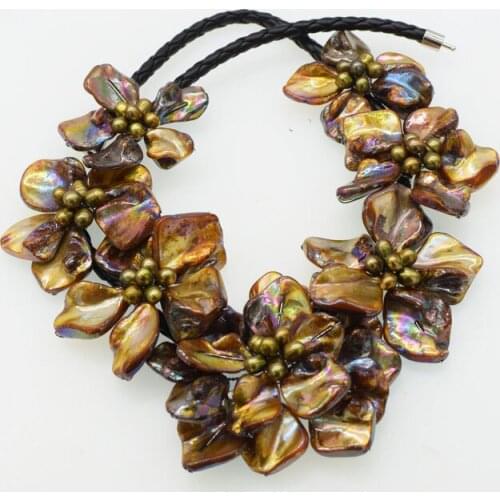 One set Freshwater Pearl brown rice +shell flat flower 46cm necklace Earrings Wholesale for women xmas gift