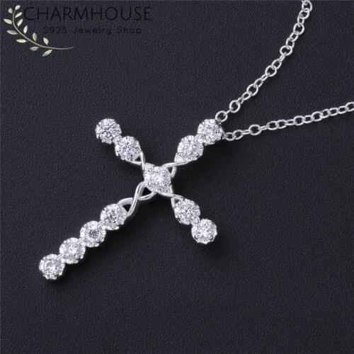 Pure Silver 925 Necklaces For Women Collier Femme Crystal Cross Pendant & Necklace Link Chains Fashion Jewelry Accessory Bijoux