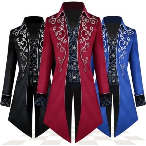 Medieval Coats Retro Long Trench Tops Silver Edge Jacquard Printing Tailcoat Lapel Punk Uniform Halloween Cosplay Costumes