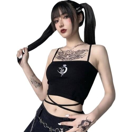 Sexy Women Embroidered Camisole strap pullover Vest Adults Sleeveless Flower Pattern Lace Up Crop Tanks Tops