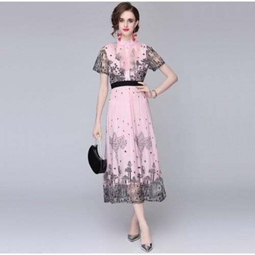 Luxuriy New Mesh Embroidery Fashion Short Sleeve Dress Elegant Women Brand Vintage High Waist Dresses Female Pearl Clasp Vestido