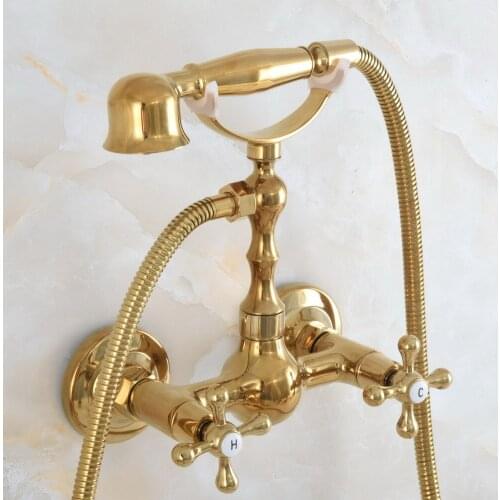 Luxury Polished Gold Color Brass Wall Mounted Bathtub Faucet with Handheld Shower Set +1500MM Hose Mixer Tap 2na830