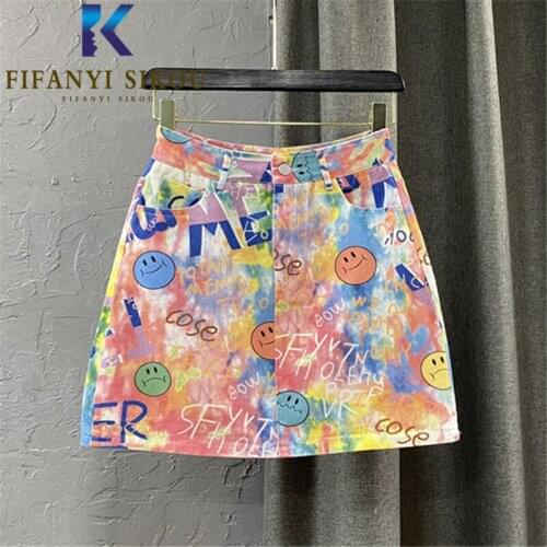 2021 Summer Women High Waist Denim Skirt Graffiti Print Fashion Streetwear Jeans Skirts Pocket Loose A-Line Mini Skirt Female