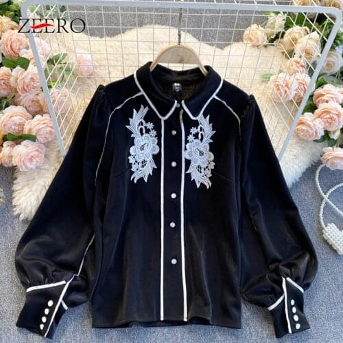 Spring Autumn Women Clothes Lace Embroidery Balck Blous Female Lantern Sleeve Buttons Lapel Vintage Court Style Blouse Shirt Top