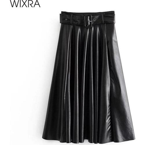 Wixra Womens PU Skirts High Waist Faux Leather Pleated A-Line Long Skirt With Sashes Streetwear Autumn Spring