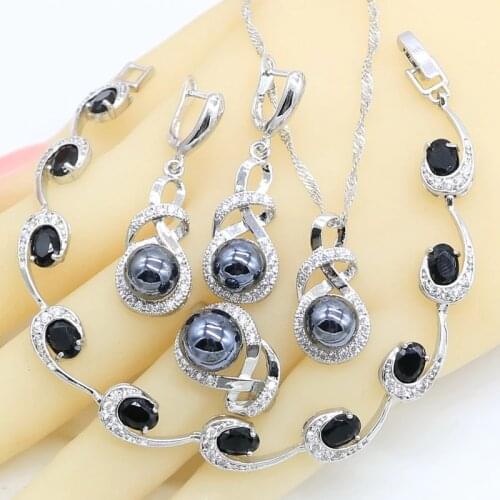 Geometric Black Pearl Silver Color Jewelry Sets For Women Earrings Rings Necklace Pendant Zircon Bracelet