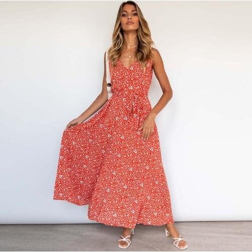 Womens Summer Dress Sleeveless V Neck Sexy Maxi Dress Bandage High Waist Slim Casual Floral Print Beach Dresses For Women 2021