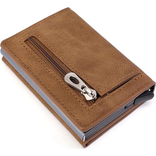 ZOVYVOL Mens RFID Blocking Credit Card Holder Purse Zipper Small Coin Wallet Money Purse Name Bag PU Leather Aluminum Metal Top