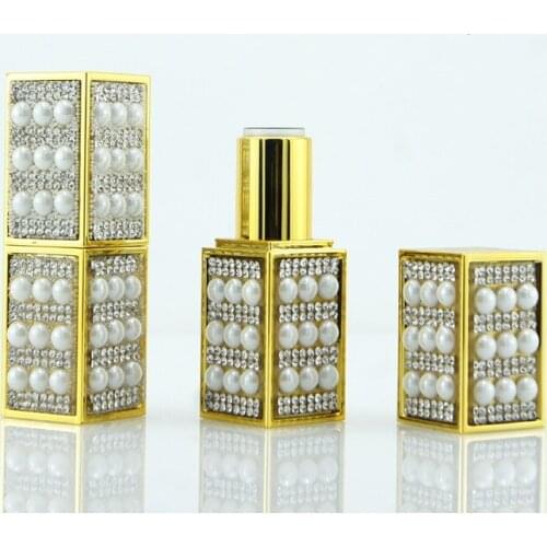 12.1 Empty Square gold Lipstick Tube with Diamonds and Pearls 20pcs