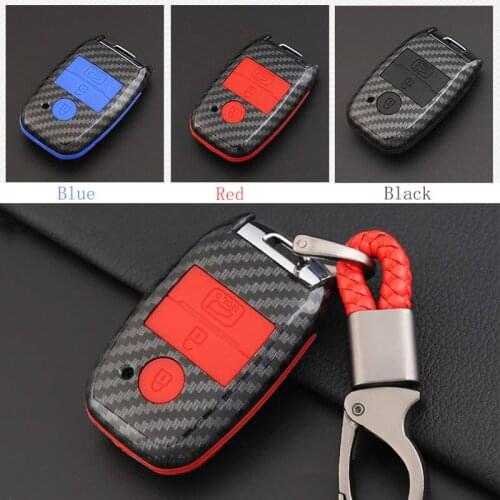 ABS Carbon Fiber Shell+Silicone Cover Remote Key Holder Fob Case&KeyChain For Kia Series