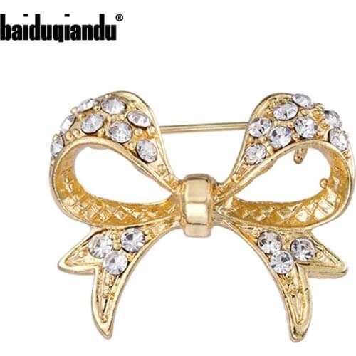 Baiduqiandu Clear Rhinestone Gold Color Bowknot Brooches Pins For Women Rosette Weddings Banquet Brooch Pins New Year Badge Gift