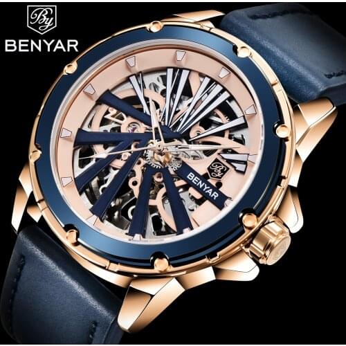 Benyar 2021 New Leather Watch Mens Automatic Mechanical Watch Stainless Steel Waterproof Watch Luxury Sports Clock Reloj Hombre
