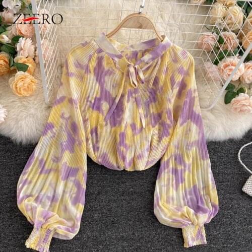 Spring Korean Woman Loose Halo Staining Pleated Lantern Long Sleeve Tops Female Bow Tie Blouse Commute Top Women Shirts Blouses