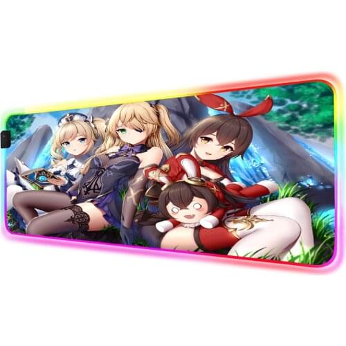 Anime Genshin Impact RGB Large Mouse Pad Anti-skid Pad LED for Computer Players Gaming Accessories with Cable Gaming Mouse Pad