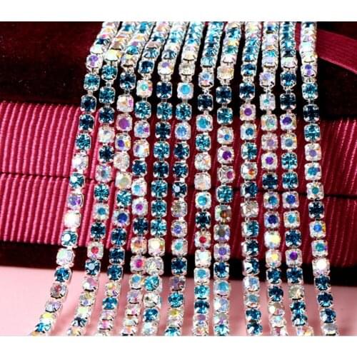 10Yard Blue+AB Claw Crystal Rhinestones Chain Gradient DIY Dense Silver Base Rhineston Chain For Garment&Bag Art Decoration