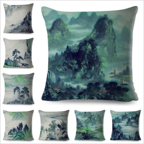Chinese Ink landscape Painting Pillow Case Decor Beautiful Scenic Cushion Cover for Sofa Home Car Polyester Pillowcase 45*45cm